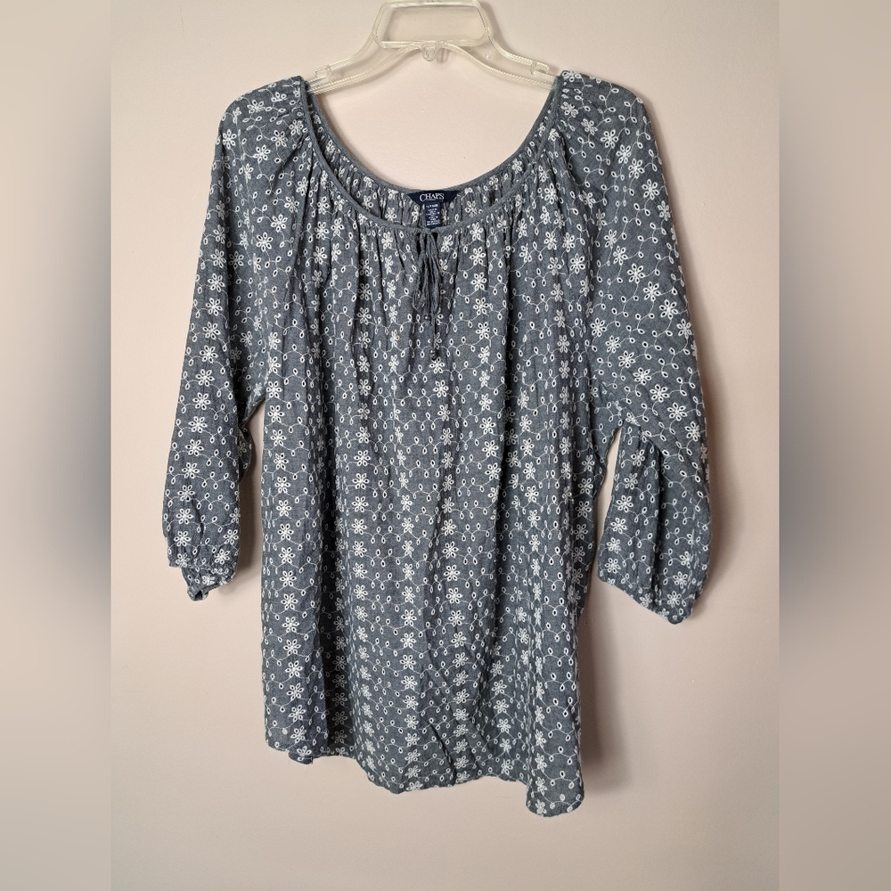 CHAPS for RALPH LAUREN Women's Size 1X Floral Eyelet Romantic Boho Blouse